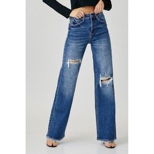 Risen Jeans Size 13/31 High Rise Ripped Wide Leg Medium Wash NWT